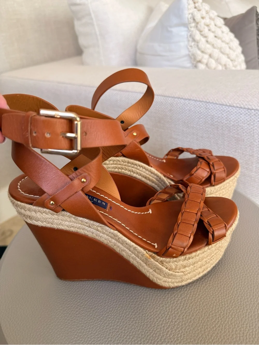Ralph Lauren Purple Label Tan Braided Leather Platform Sandals
